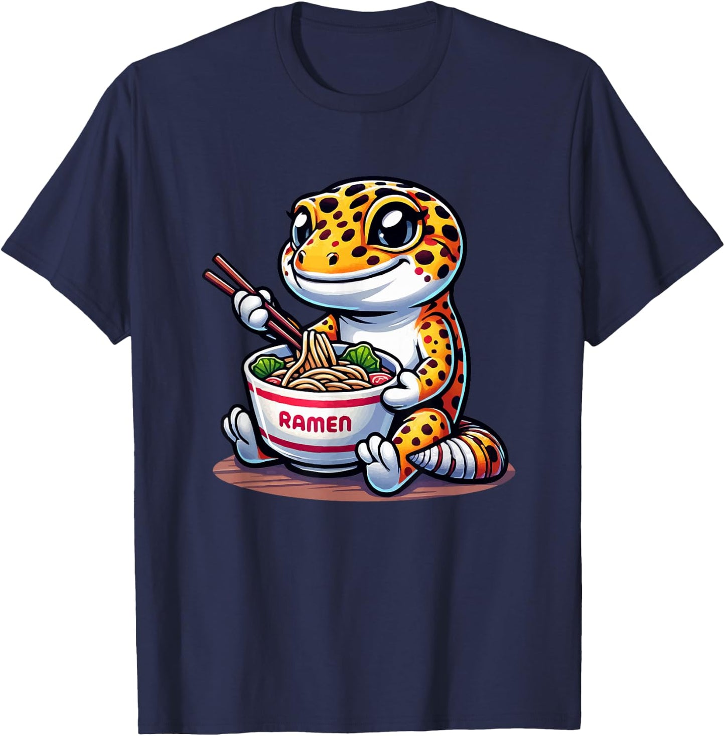 Kawaii Gecko Herpetology Cute Leopard Gecko Eating Ramen T-Shirt - T-Shirt | Navy