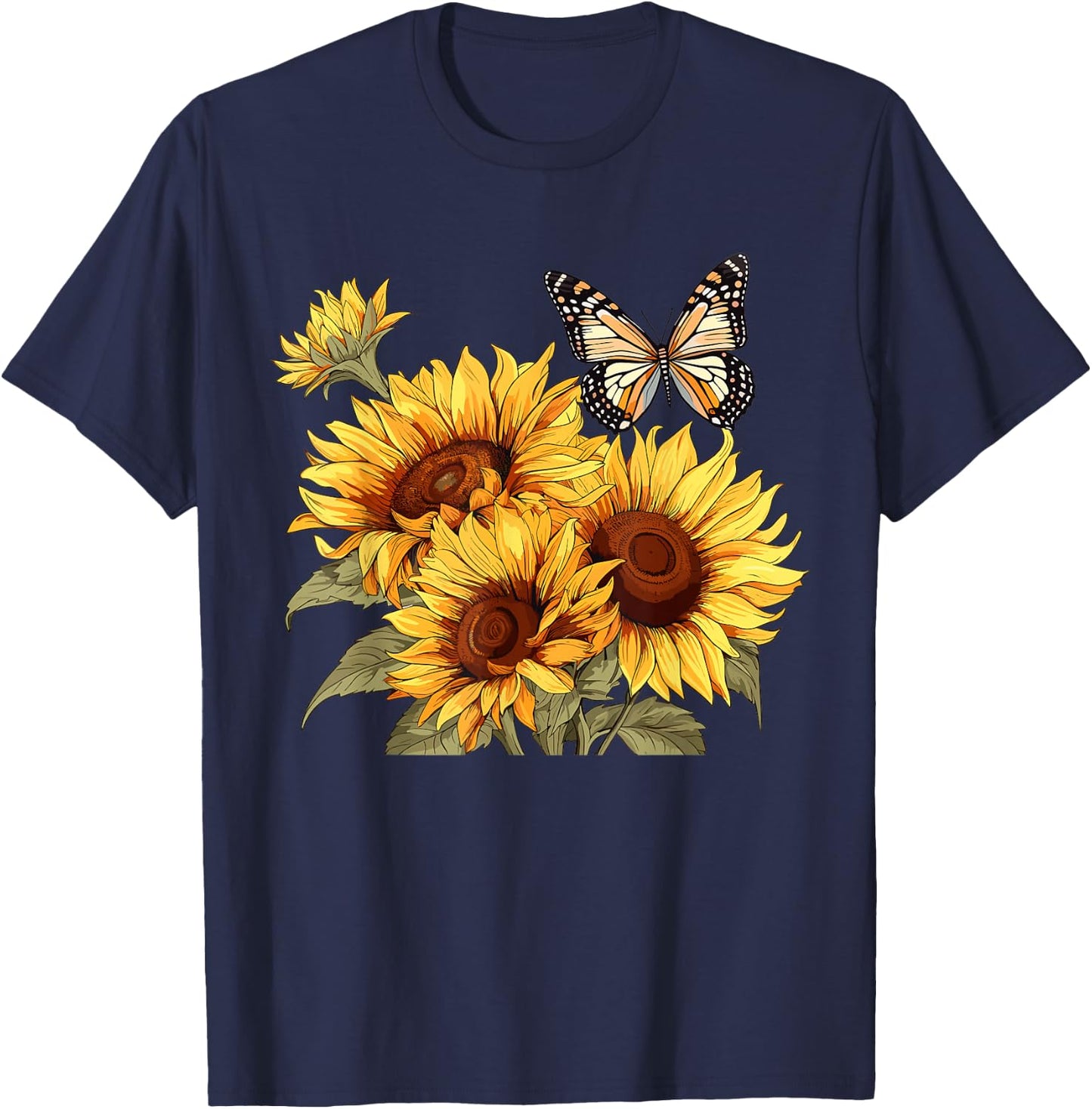 Sunflower and Butterfly , White T-Shirt - T-Shirt | Navy