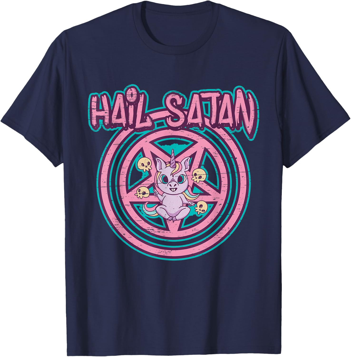 Hail Satan Death Metal Unicorn Black Dark Rock Death Metal , black T-Shirt - T-Shirt | Navy