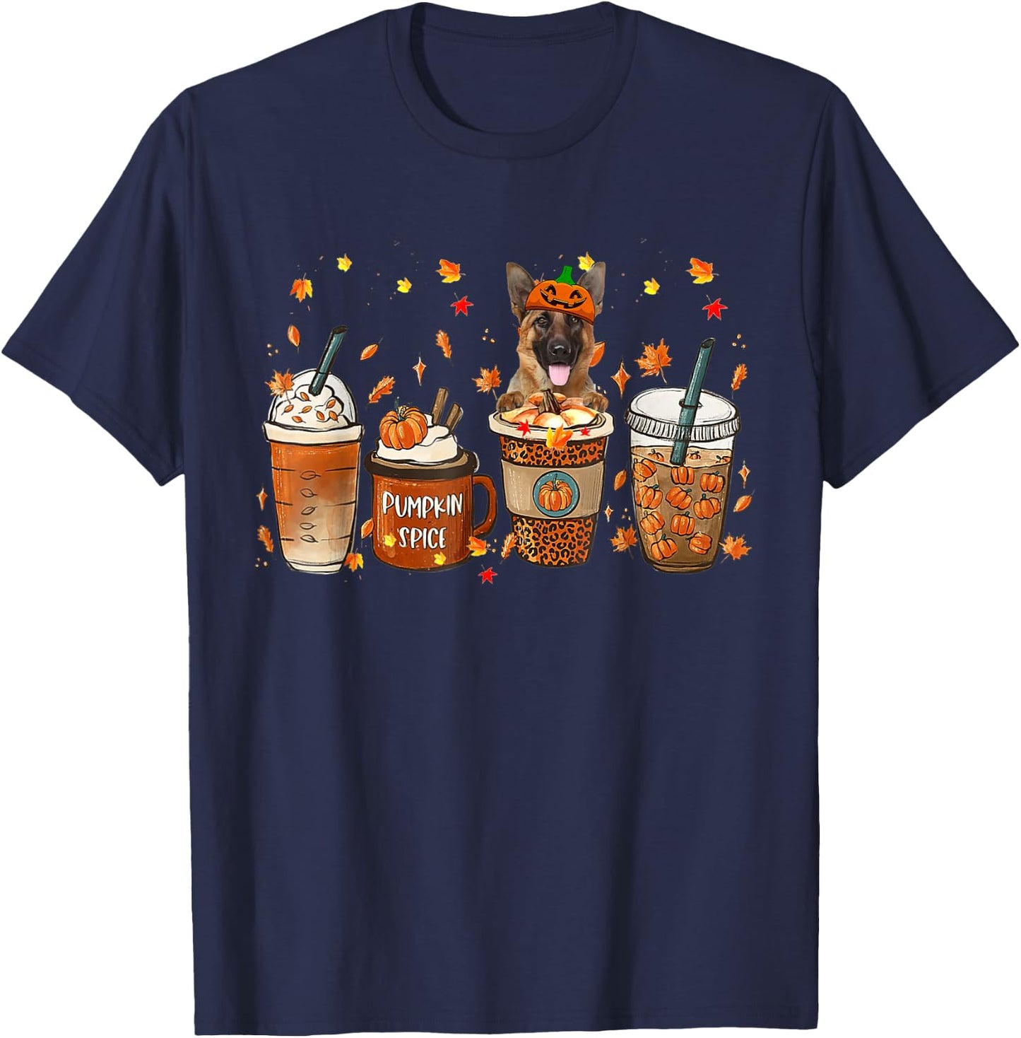 German Shepherd Fall Coffee Pumpkin Spice Latte Iced Autumn T-Shirt - T-Shirt | Navy