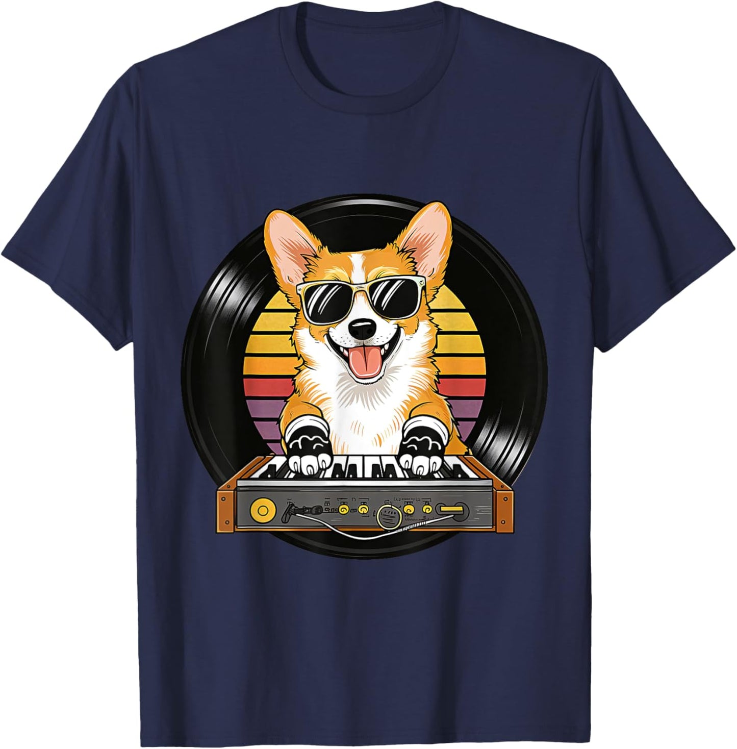 Funny Cute Corgi Synthesizer Dog Lover Playing Music Retro T-Shirt - T-Shirt | Navy