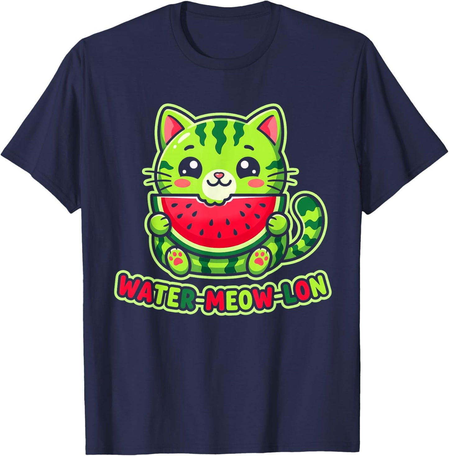 Cute Water-Meow-lon Watermelon Cat Summer Vacation Kids Girl T-Shirt - T-Shirt | Navy