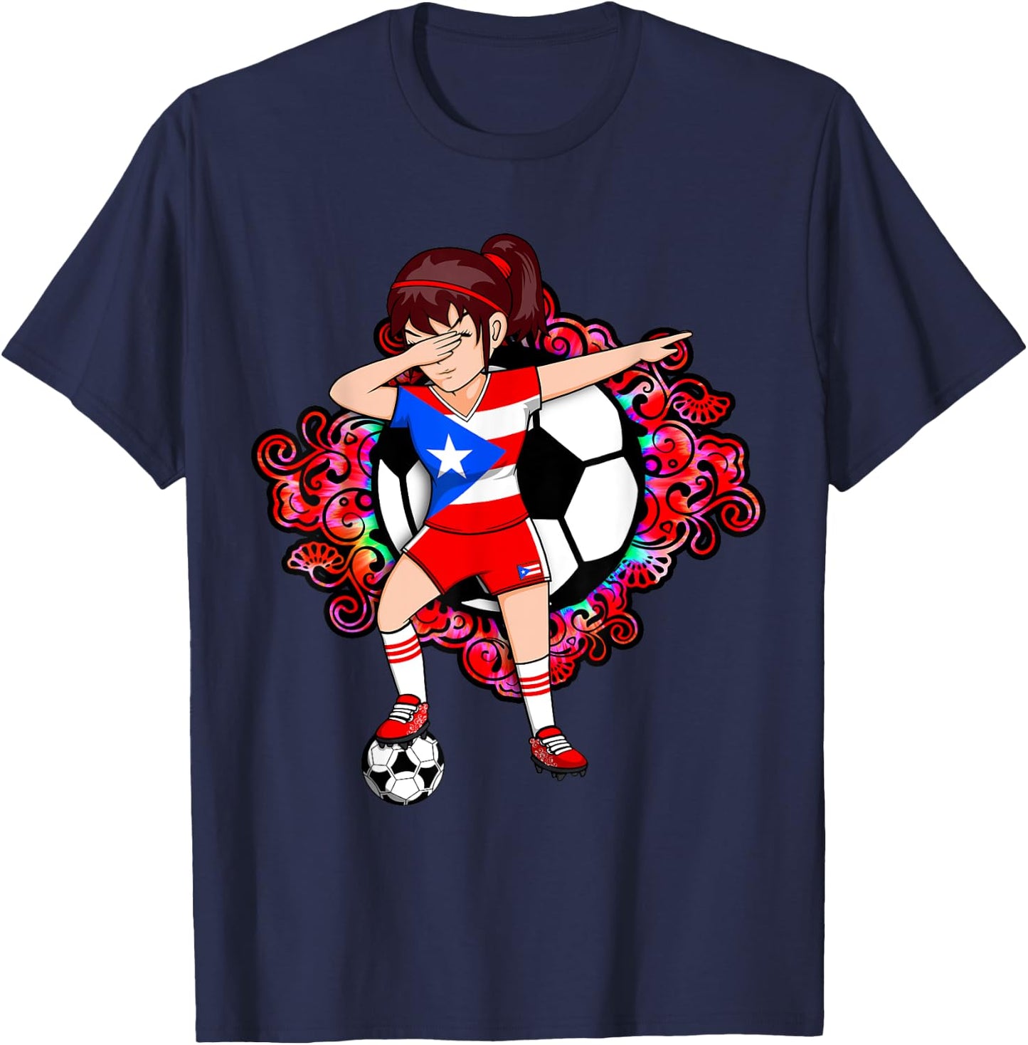 Dabbing Soccer Girl Puerto Rico Fans Jersey Football Flower T-Shirt - T-Shirt | Navy