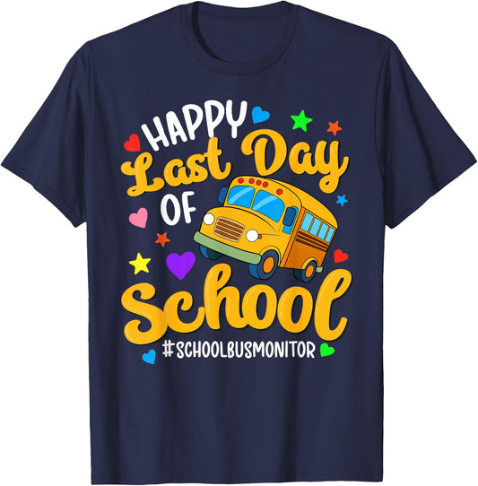 Happy Last Day of School Bus Monitor Groovy Summer Break T-Shirt - T-Shirt | Navy