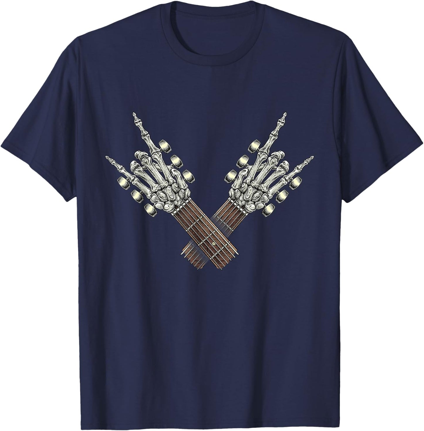 Rock On Guitar Neck Rock & Roll Halloween Skeleton Hand 2 T-Shirt - T-Shirt | Navy