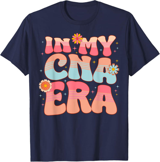 Groovy Retro In My CNA Era Hippie Groovy Love Nurse Life T-Shirt - T-Shirt | Navy