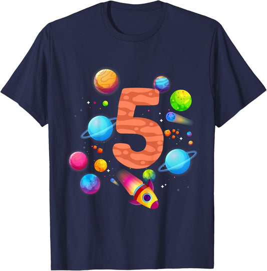 Children's 5th Birthday Boys 5 Years Planets Space Birthday , black, 80 T-Shirt - T-Shirt | Navy