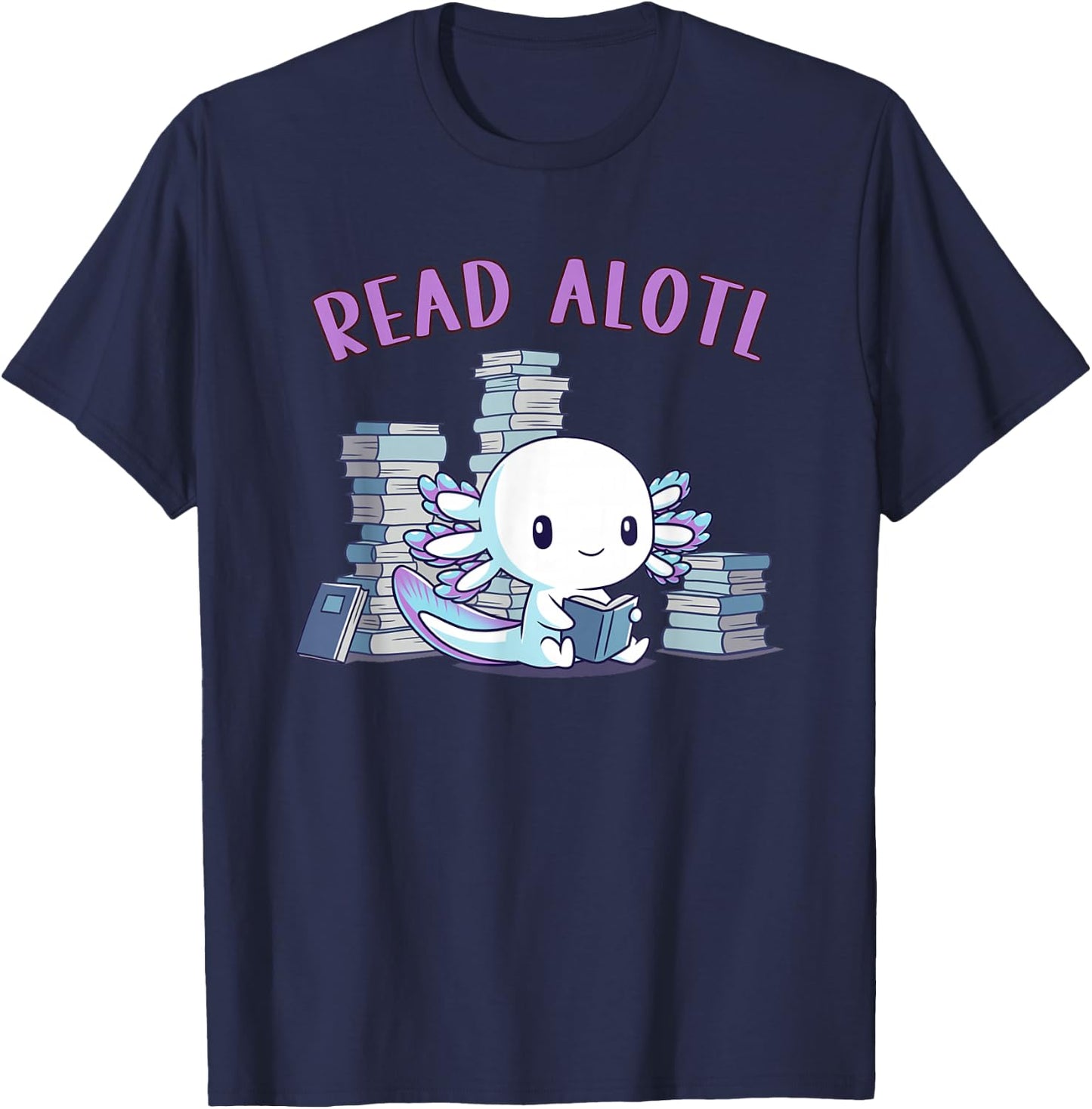 Kawaiiaxolotl Axolotl Reading a Book, Read Alotl Books Funny Axolotl Book -Adults & Kids T-Shirt - T-Shirt | Navy