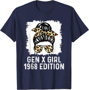 Gen X Girl 1968 Edition Cheetah Messy Bun Birthday T-Shirt - T-Shirt | Navy