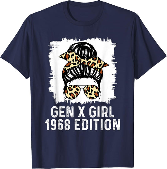 Gen X Girl 1968 Edition Cheetah Messy Bun Birthday T-Shirt - T-Shirt | Navy