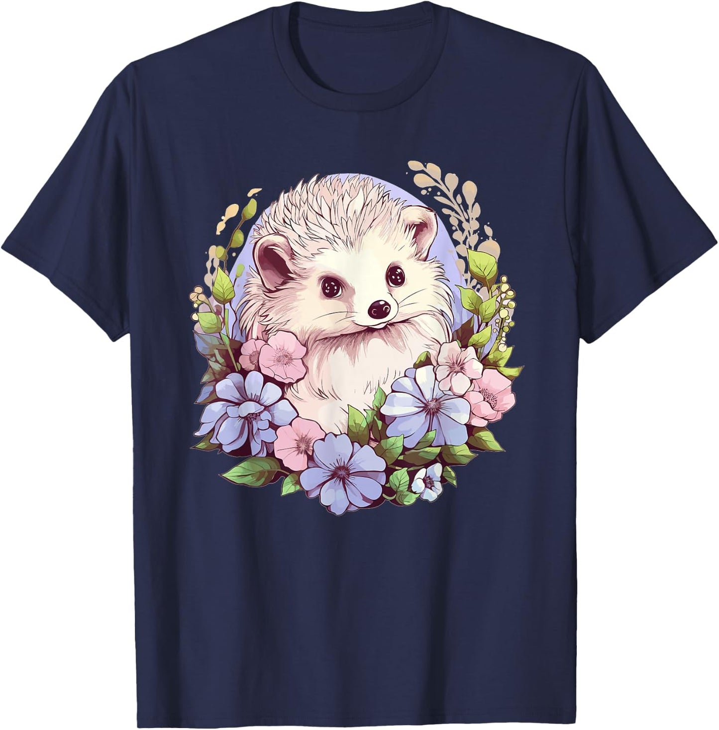 Cute Hedgehog With Flowers I Hedgehog T-Shirt - T-Shirt | Navy