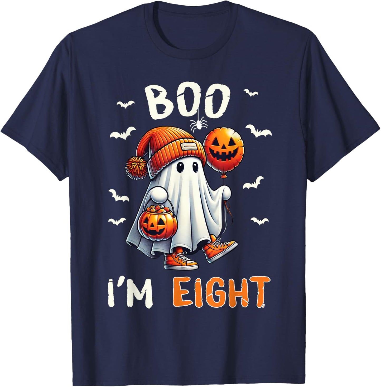 Boo I'm Eight Ghost 8th Birthday Halloween Boy Kids Groovy T-Shirt - T-Shirt | Navy