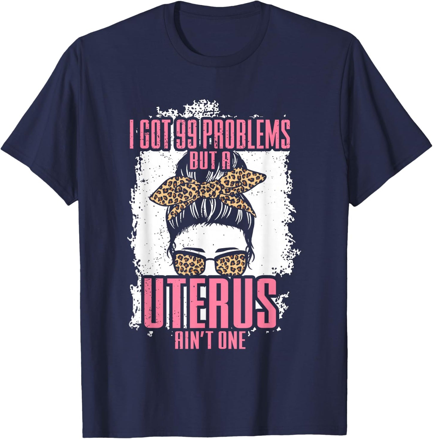 Uterus Hysterectomy Recovery Products Messy Bun Leopard T-Shirt - T-Shirt | Navy