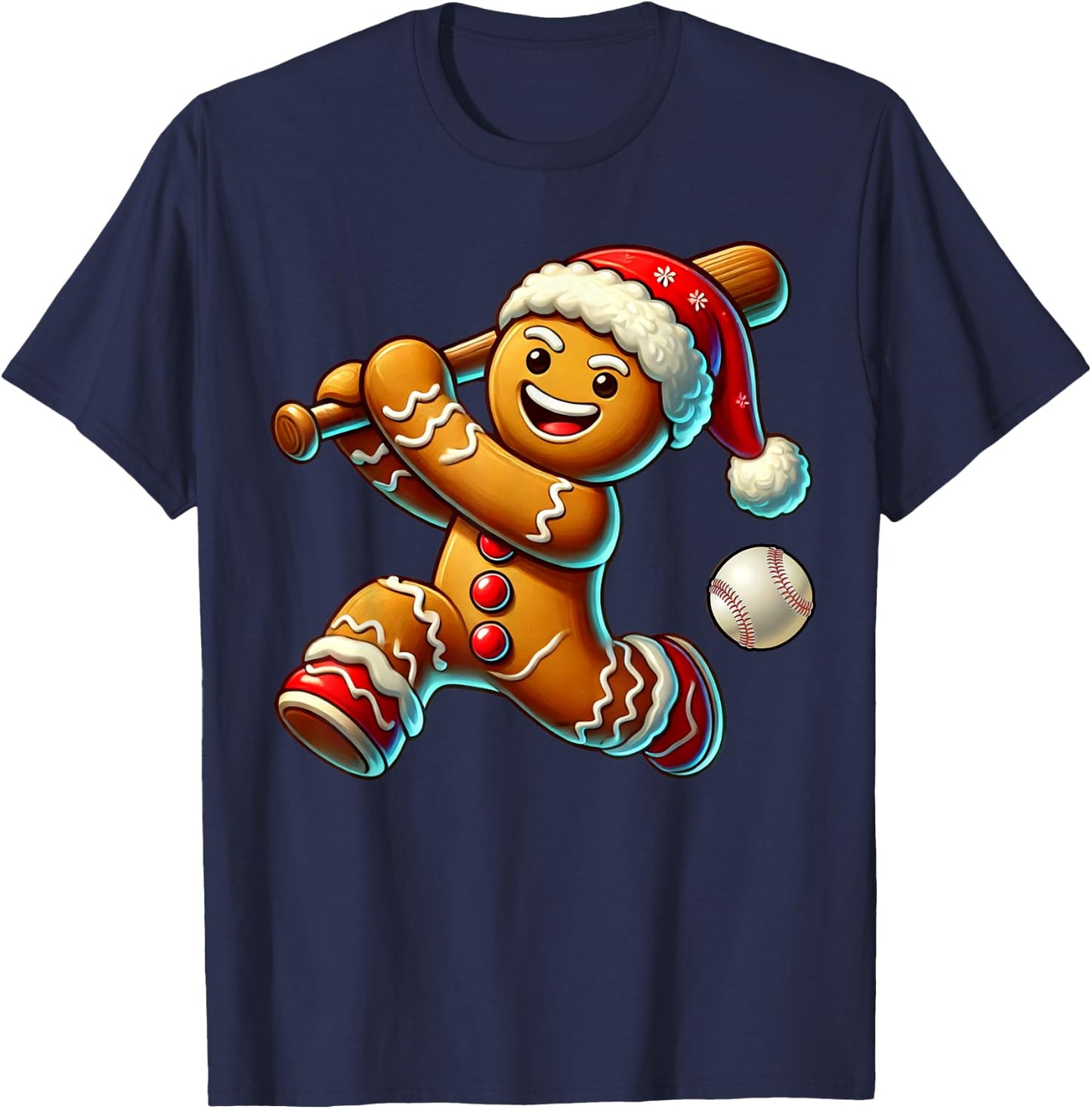 Funny Gingerbread Baseball Ugly Christmas Cookie T-Shirt - T-Shirt | Navy