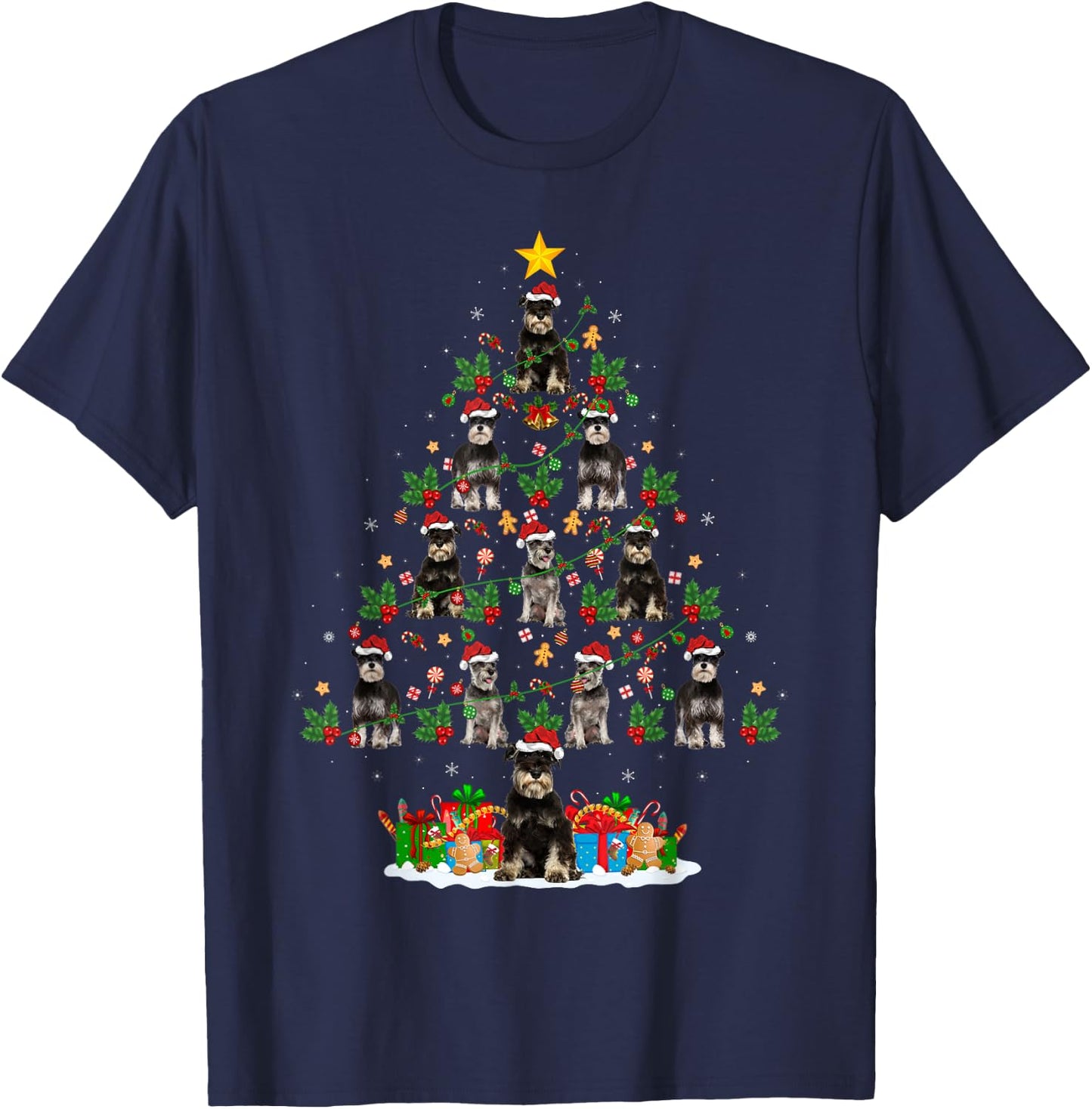 Xmas Holiday Santa Miniature Schnauzer Dog Christmas Tree T-Shirt - T-Shirt | Navy