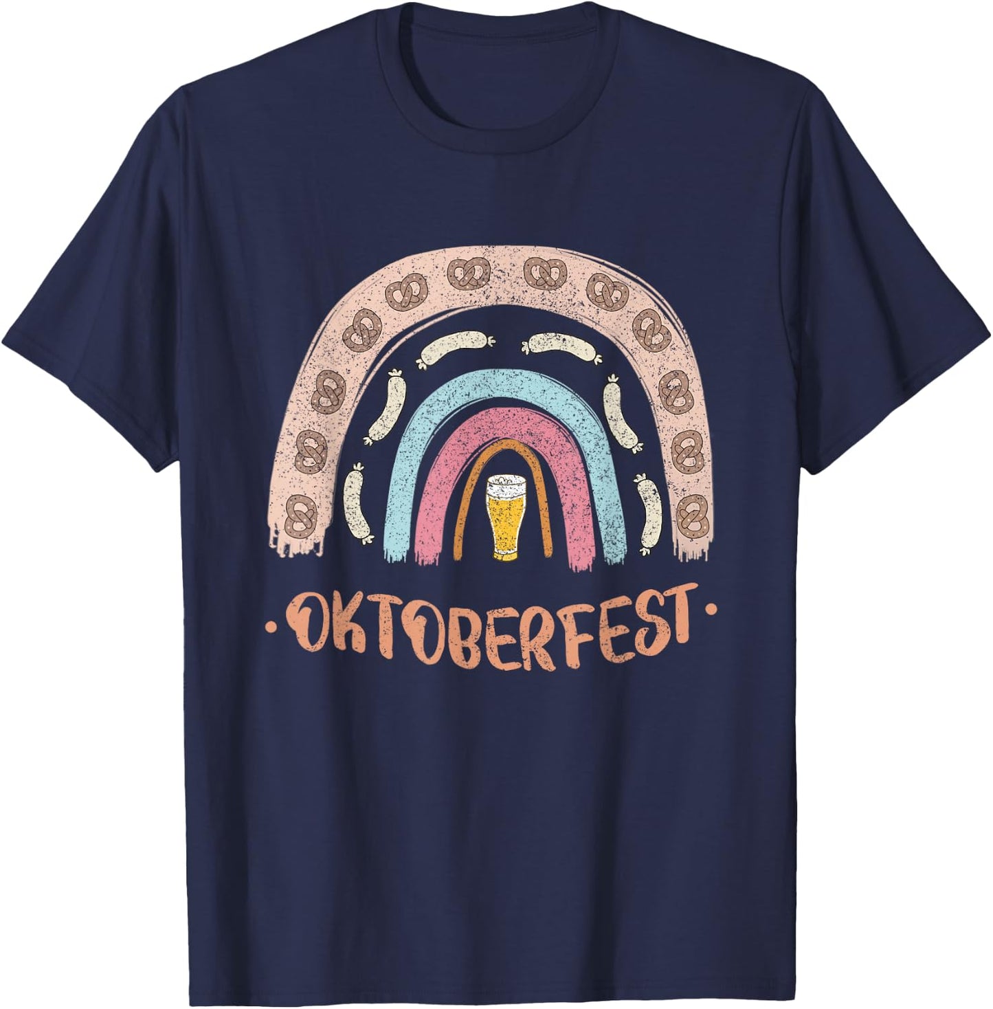 German Oktoberfest Sausage Pretzel Beer Vintage Rainbow T-Shirt - T-Shirt | Navy