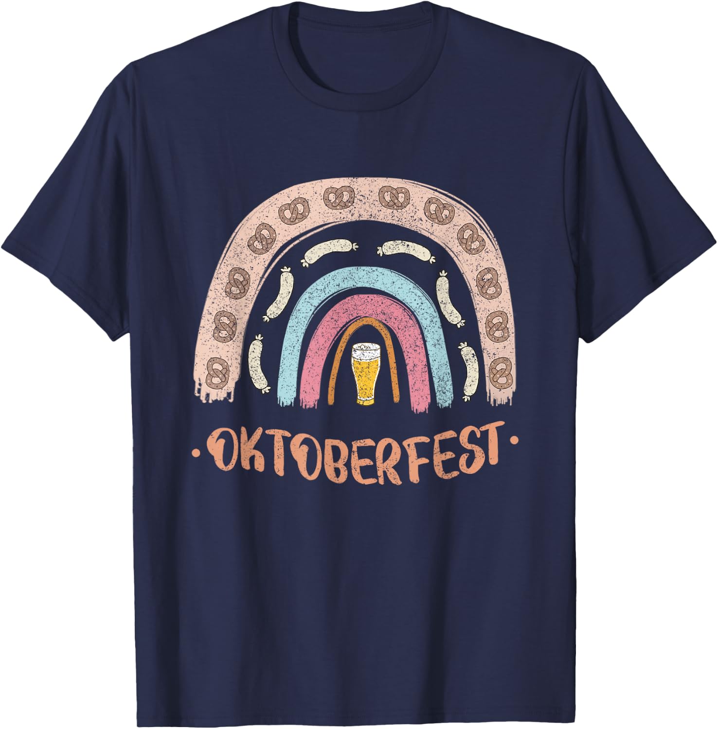 German Oktoberfest Sausage Pretzel Beer Vintage Rainbow T-Shirt - T-Shirt | Navy