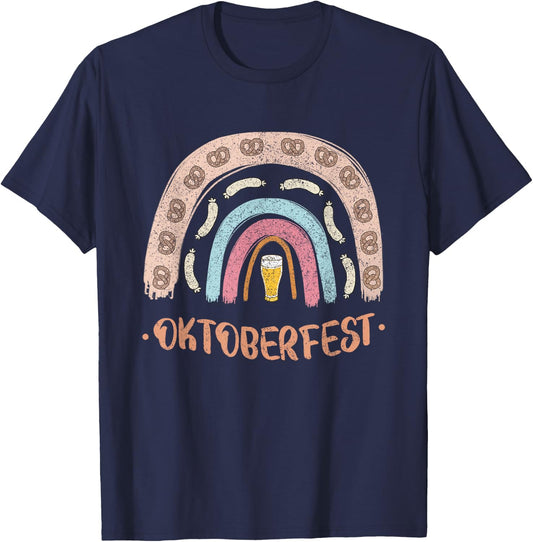 German Oktoberfest Sausage Pretzel Beer Vintage Rainbow T-Shirt - T-Shirt | Navy