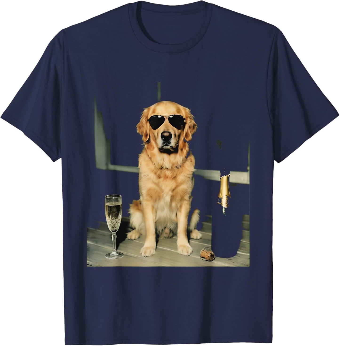 Golden Retriever Drinking Champagne Funny Dog Sunglasses T-Shirt - T-Shirt | Navy