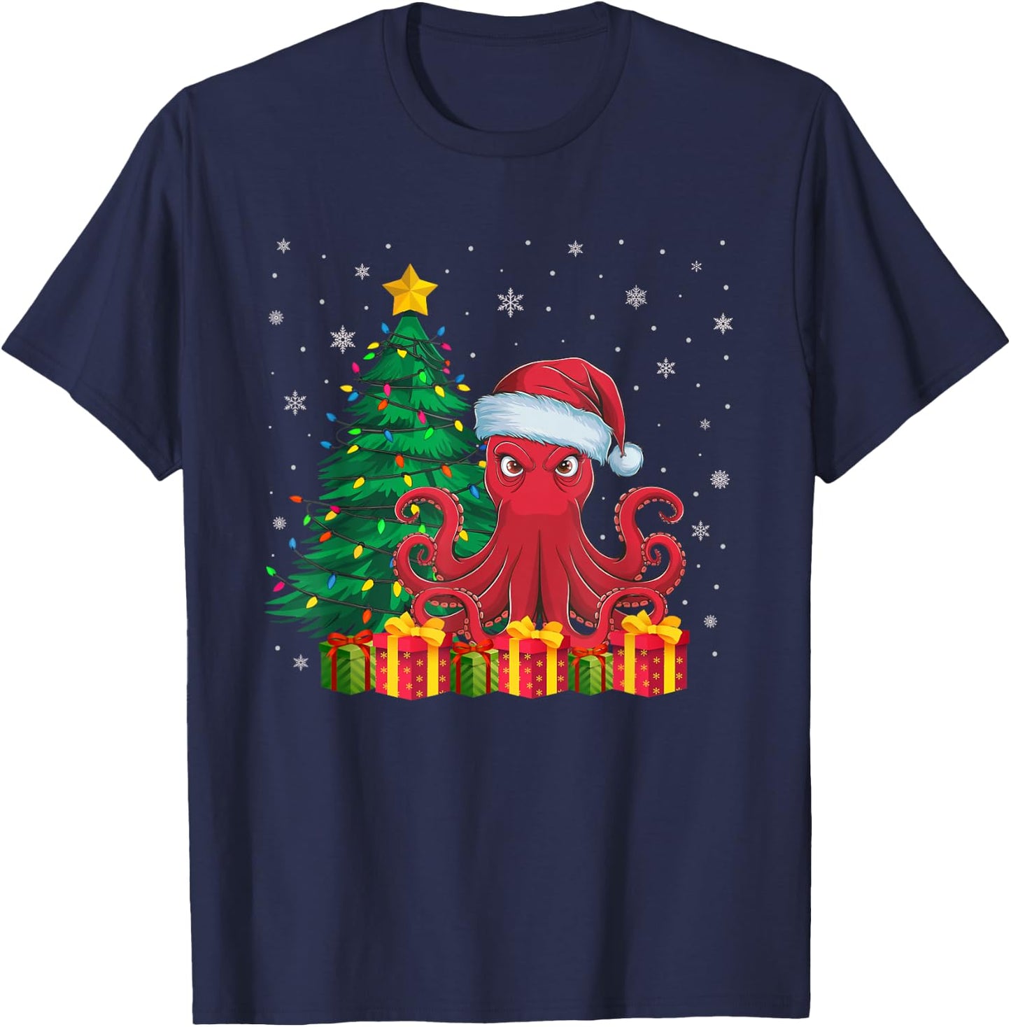 Ugly Octopus Santa Hat Christmas Tree Lights Pajama T-Shirt - T-Shirt | Navy