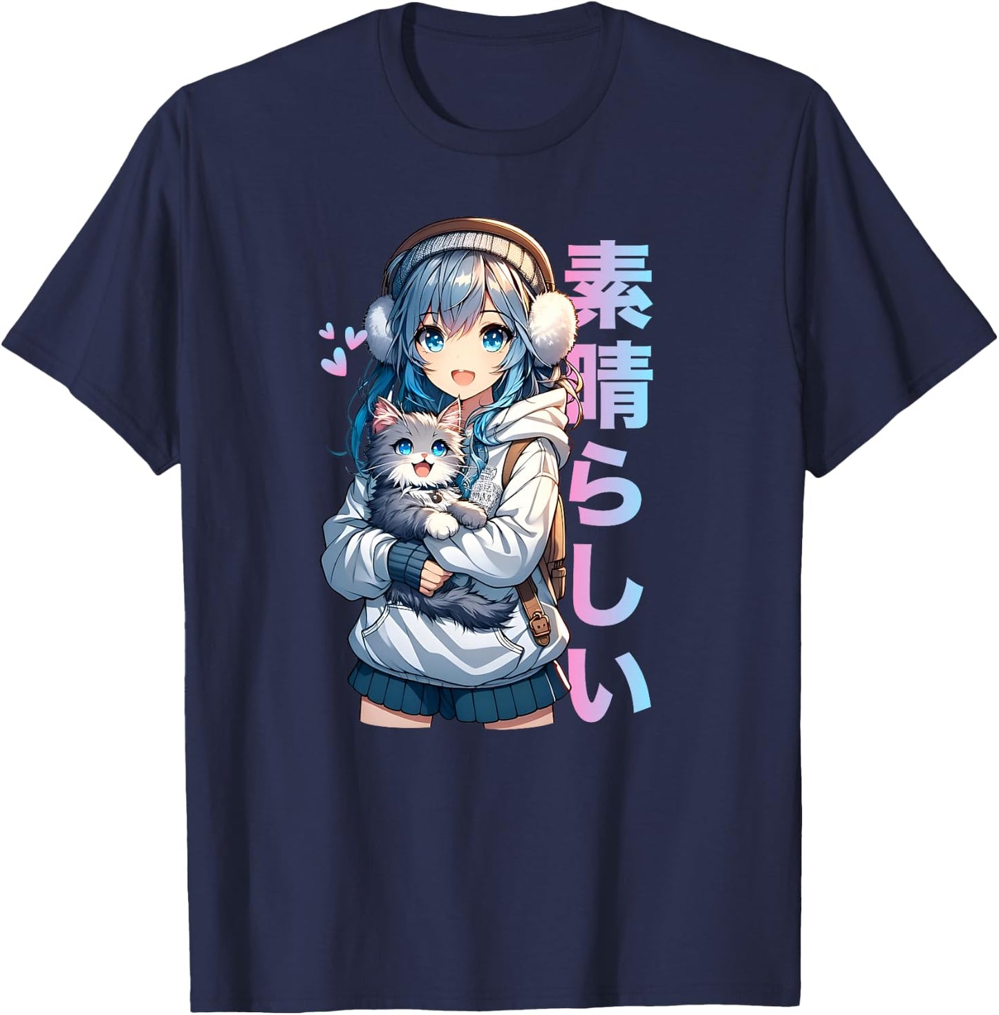 Mignon Anime Fille avec Un Chat pour Amoureux des Chats Kawaii Otaku Manga Haut de Gamme T-Shirt - T-Shirt | Navy