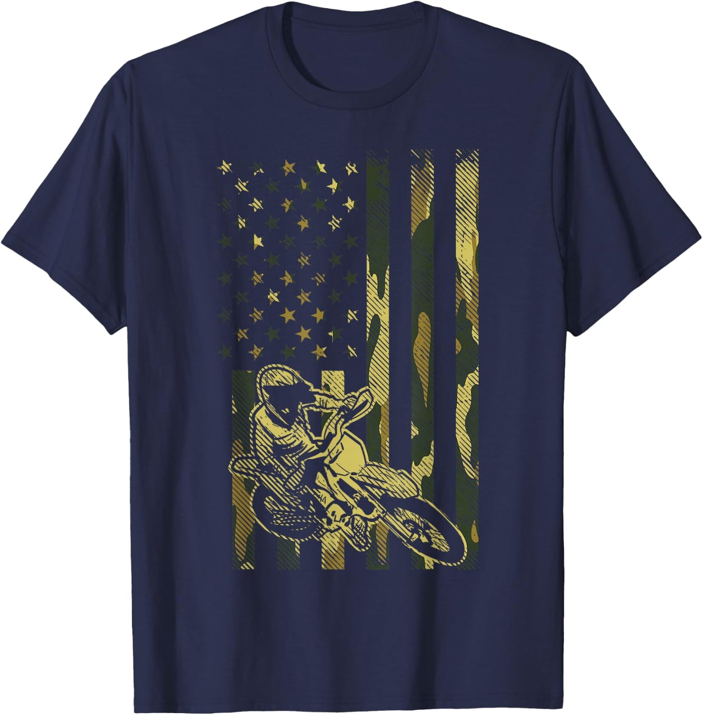 Camo American Flag Dirt Bike Vintage Motocross Racing Gift T-Shirt - T-Shirt | Navy