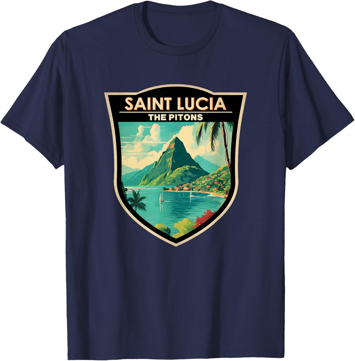 Saint Lucia The Pitons Travel Art Landmark Badge Vintage T-Shirt - T-Shirt | Navy