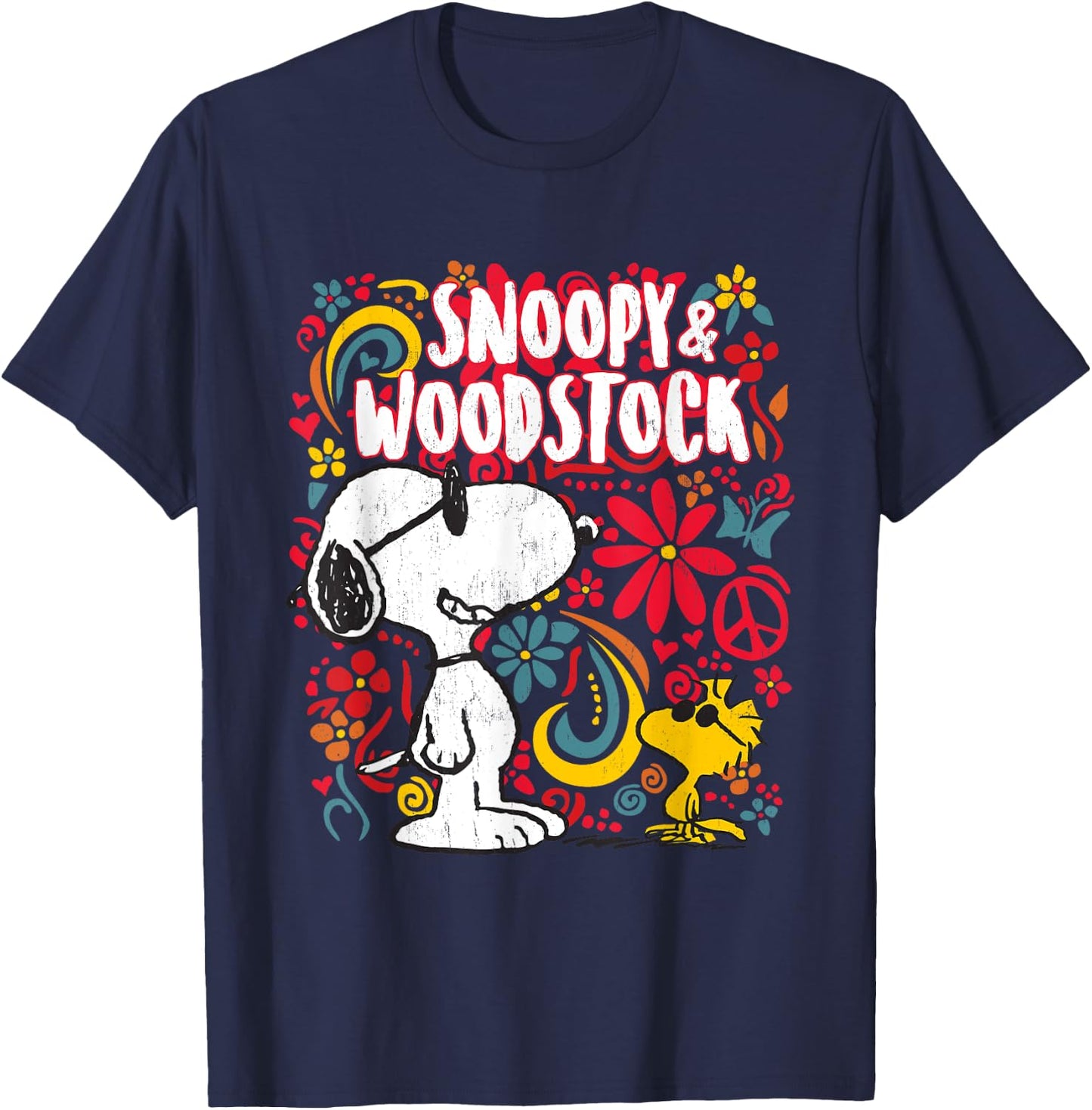 Peanuts Snoopy et Woodstock Motif floral années 70 T-Shirt - T-Shirt | Navy