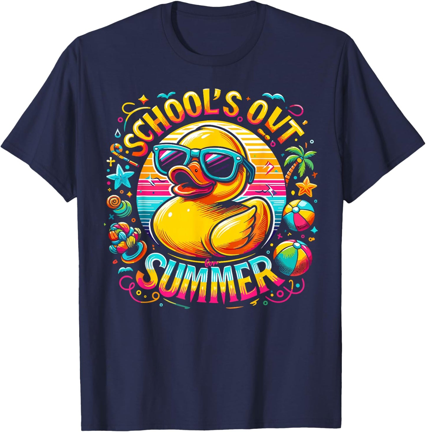 Schools Out For Summer Teacher Girls Boys Kids Yellow Duck T-Shirt - T-Shirt | Navy