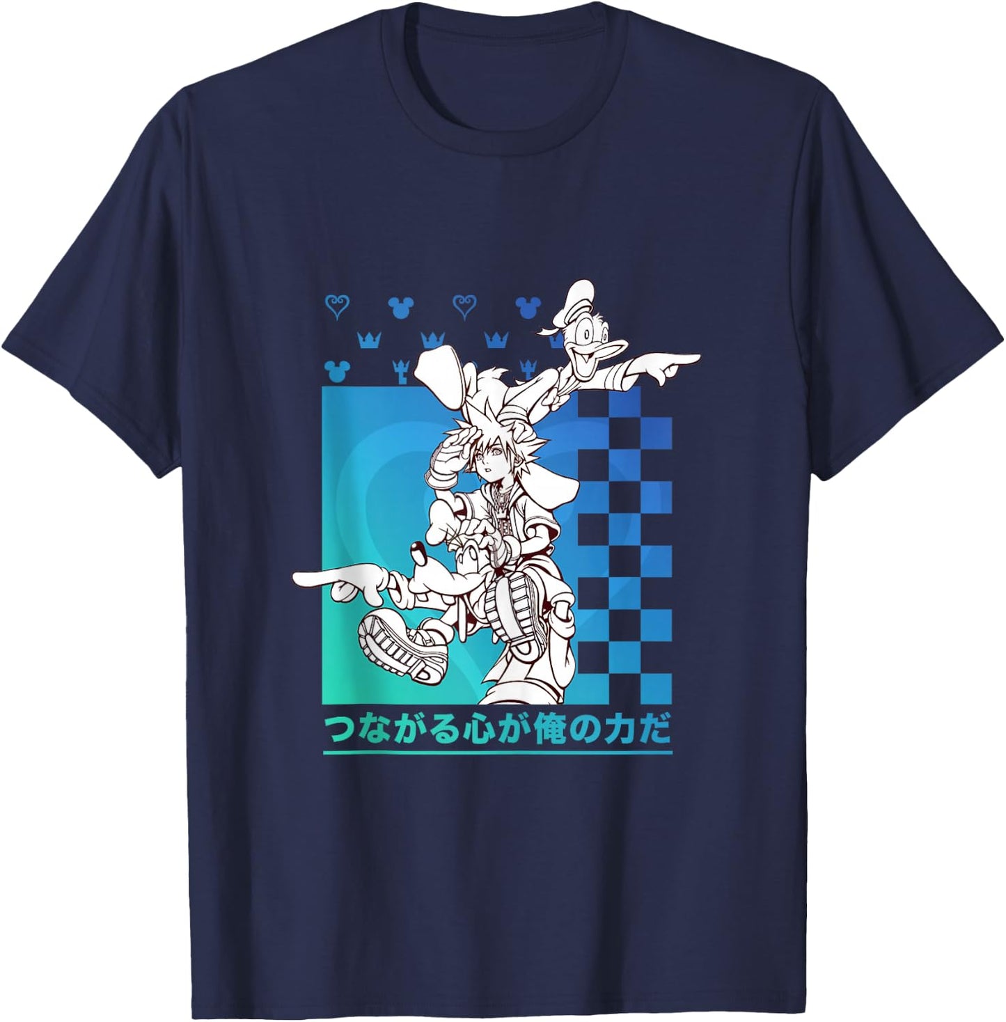 Disney Kingdom Hearts Sora Donald Goofy Kanji Checkerboard T-Shirt - T-Shirt | Navy