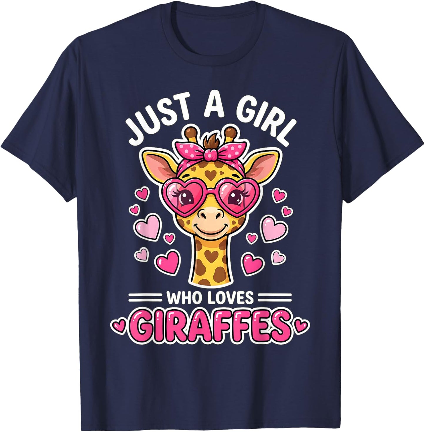 Pink Bow Giraffe Heart Glasses Just A Girl T-Shirt - T-Shirt | Navy
