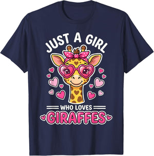 Pink Bow Giraffe Heart Glasses Just A Girl T-Shirt - T-Shirt | Navy