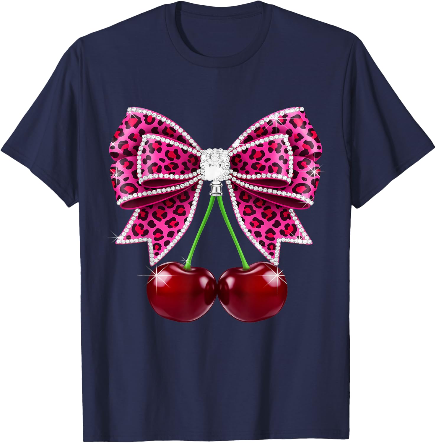 Cherry Leopard Coquette Bow Cute Cherries T-Shirt - T-Shirt | Navy