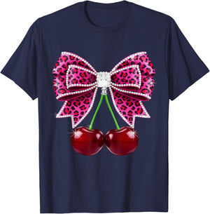 Cherry Leopard Coquette Bow Cute Cherries T-Shirt - T-Shirt | Navy