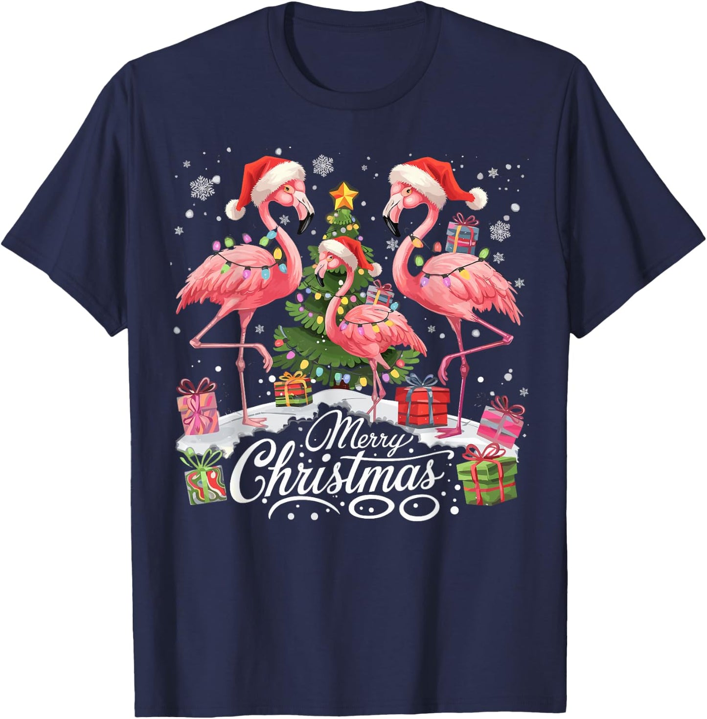 Merry Christmas Santa Flamingo Light Christmas T-Shirt - T-Shirt | Navy