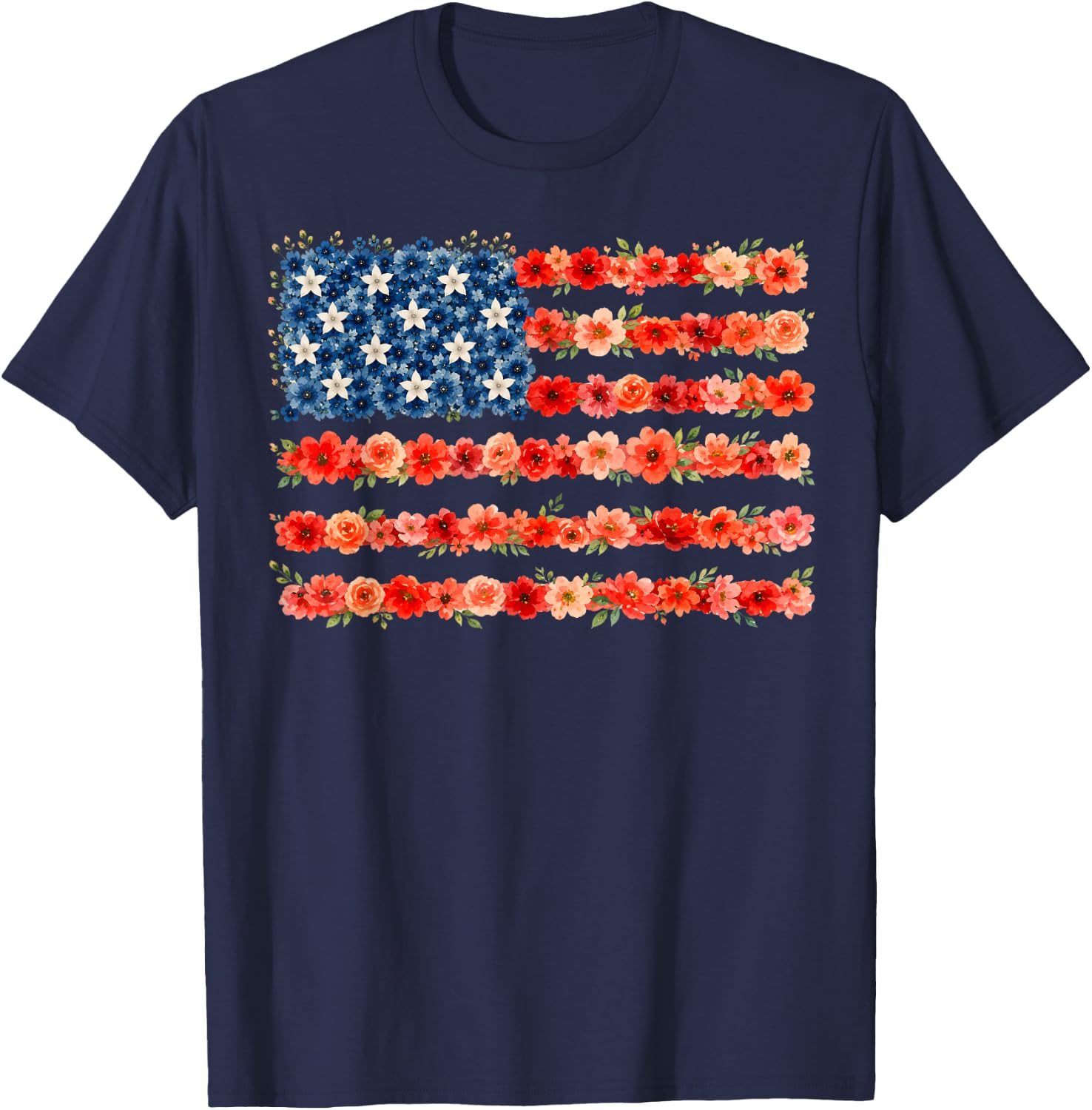 Floral American Flag Flowers Wildflowers 4th of July Women T-Shirt - T-Shirt | Navy