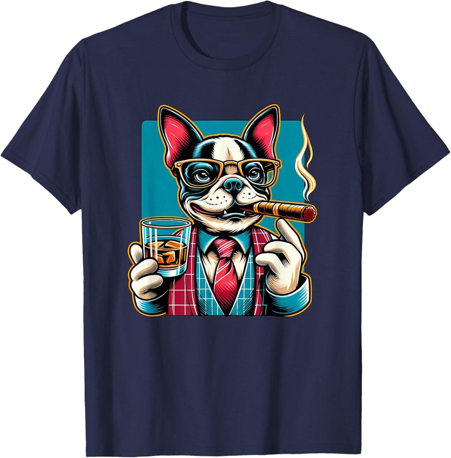 Boston Terrier dog Cigar And Whiskey T-Shirt - T-Shirt | Navy