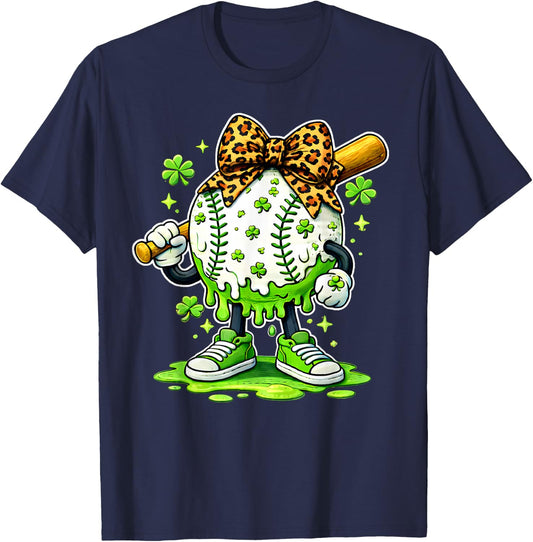 Lucky Softball Girl Shamrock Green Drip for StPatricks Day T-Shirt - T-Shirt | Navy