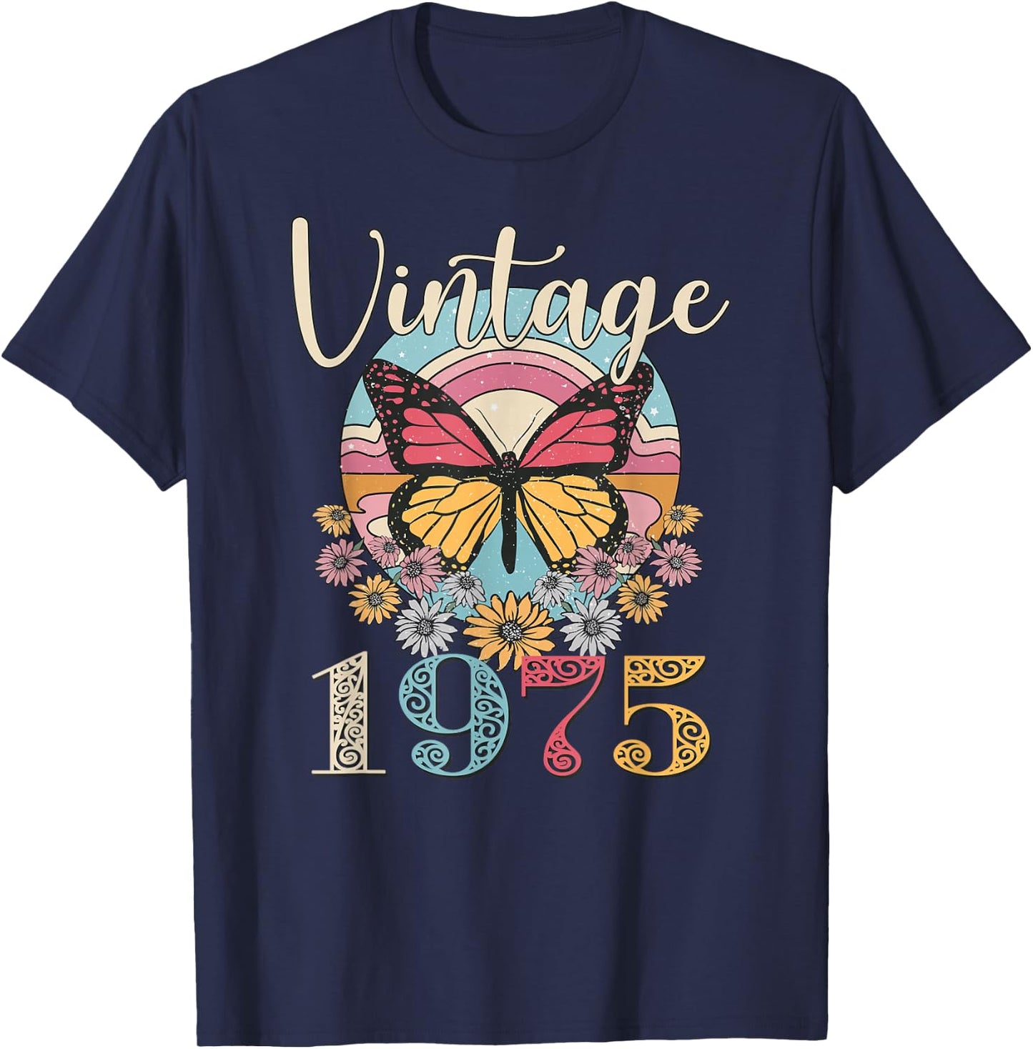 Vintage 47th 1975 Butterfly Floral Birthday Women Mom Gifts T-Shirt - T-Shirt | Navy