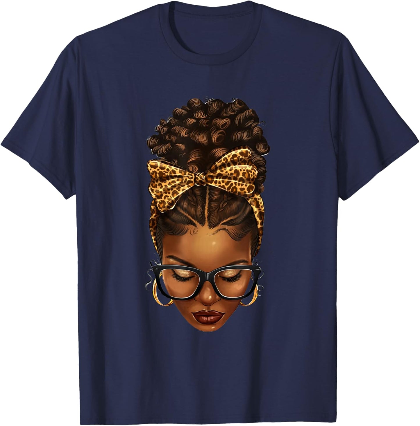Afro messy bun with leopard bandana T-Shirt - T-Shirt | Navy