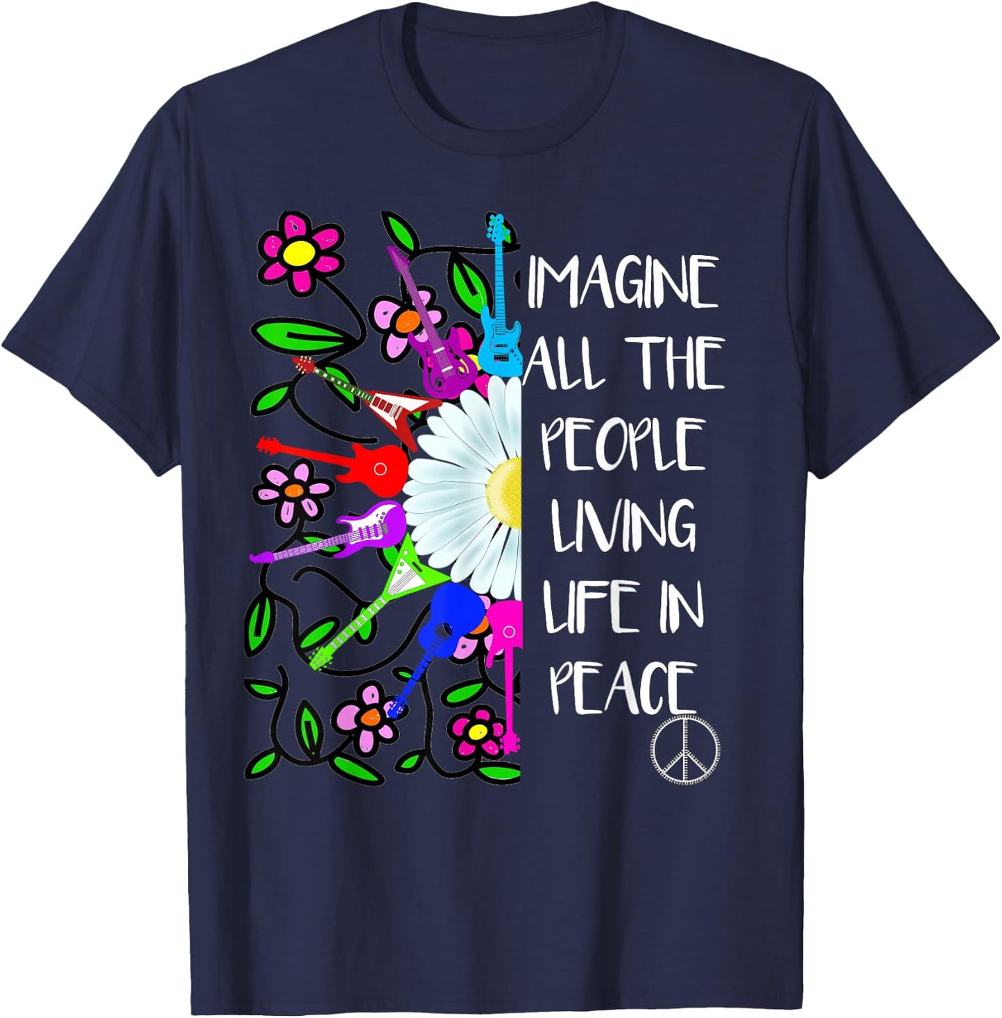 Imagine Peace Groovy Hippie Colorful 70s Folk Rock Music T-Shirt - T-Shirt | Navy
