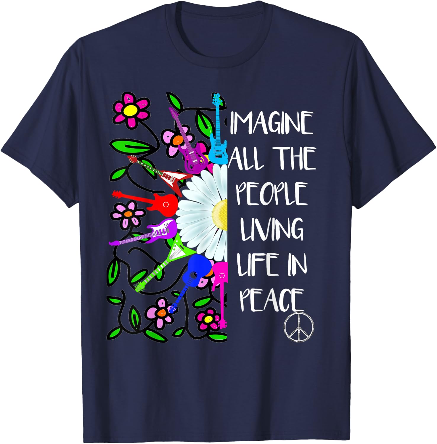 Imagine Peace Groovy Hippie Colorful 70s Folk Rock Music T-Shirt - T-Shirt | Navy