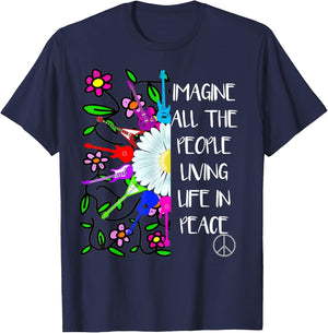 Imagine Peace Groovy Hippie Colorful 70s Folk Rock Music T-Shirt - T-Shirt | Navy