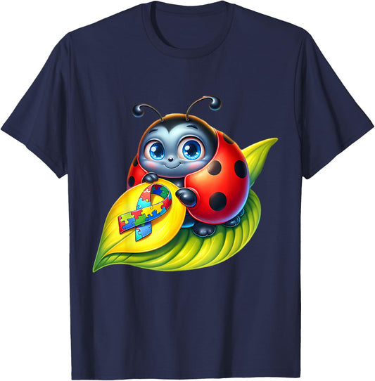 Autism Awareness Cute Ladybug Yellow Red Blue Bug Ribbon T-Shirt - T-Shirt | Navy