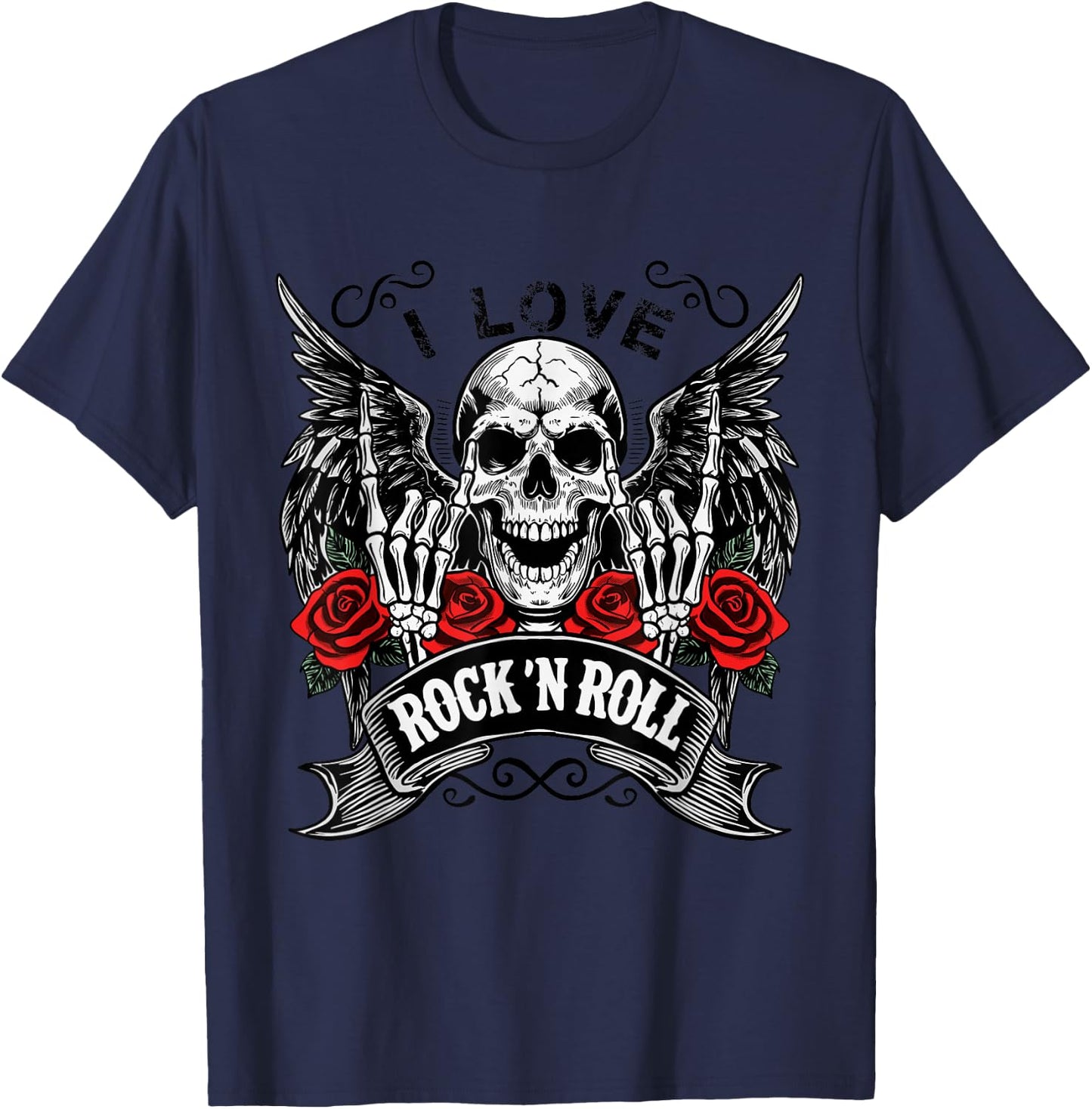 I Love Rock and Roll Rock & Roll Vintage Retro Skeleton Hands T-Shirt - T-Shirt | Navy