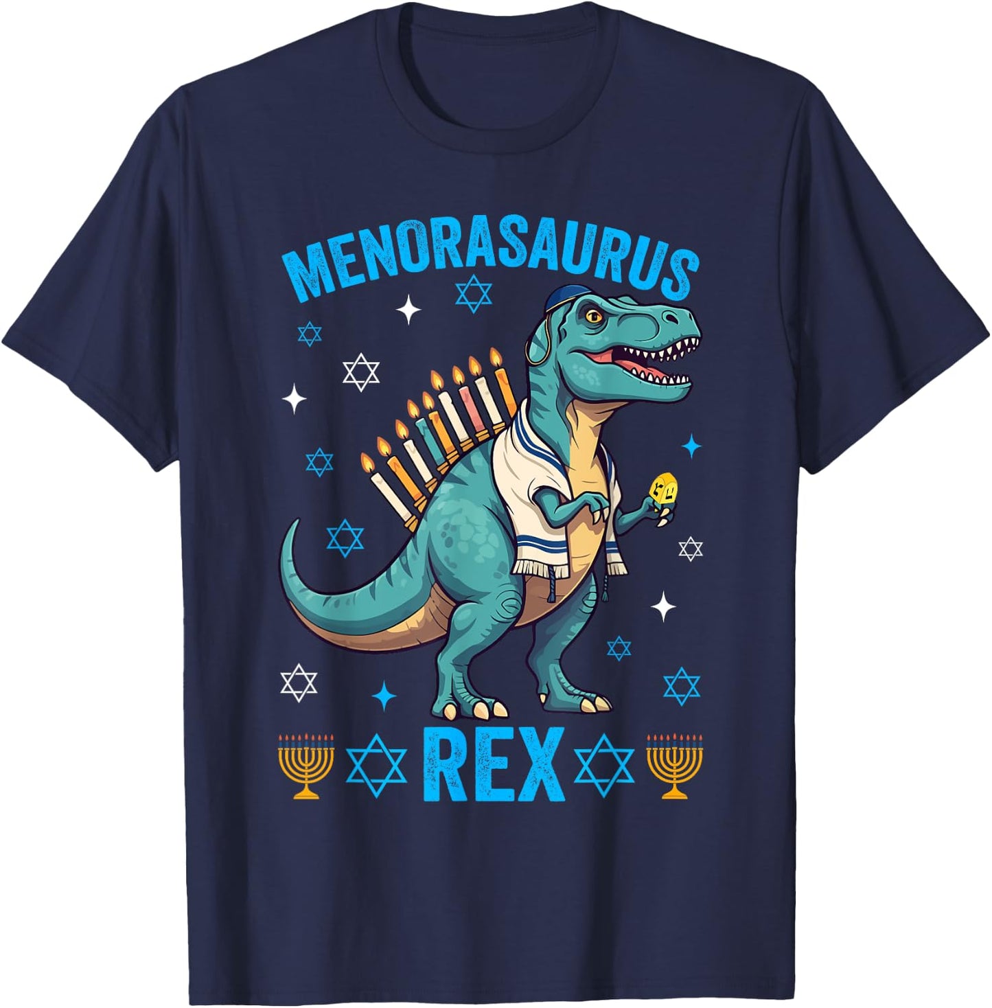 Funny Hanukkah Menorasaurus Trex Dinosaur Jewish Chanukah T-Shirt - T-Shirt | Navy
