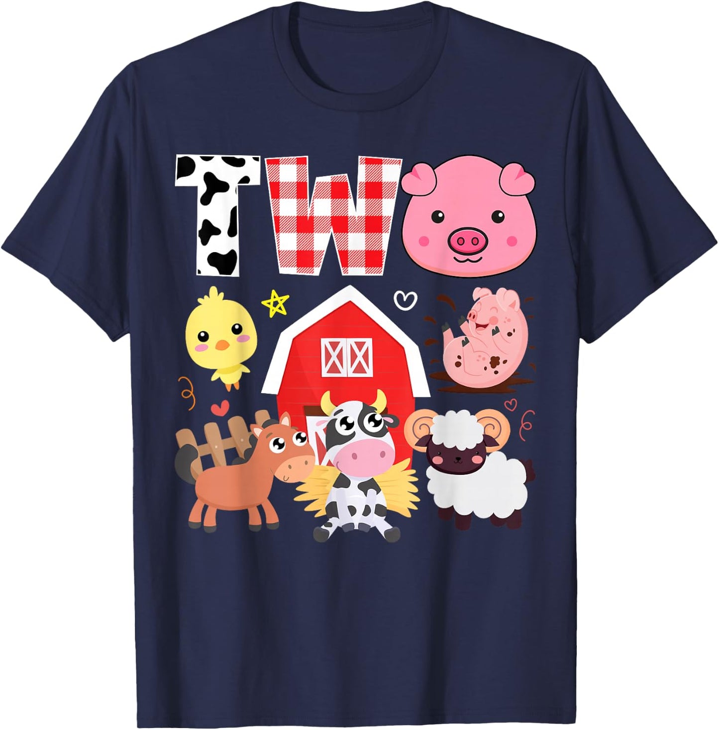 2nd Birthday Two Year Old Farm Theme Animals Birthday Party T-Shirt - T-Shirt | Navy