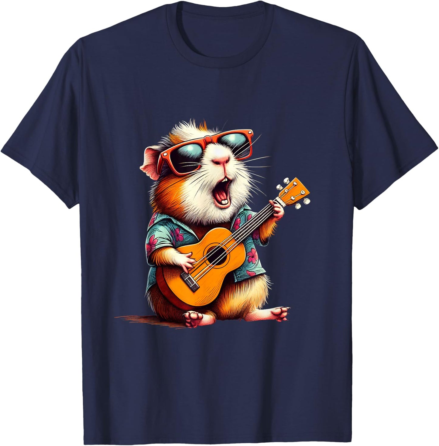 Guinea Pig Wearing a Hawaiian Shirt, Playing a Ukulele T-Shirt - T-Shirt | Navy
