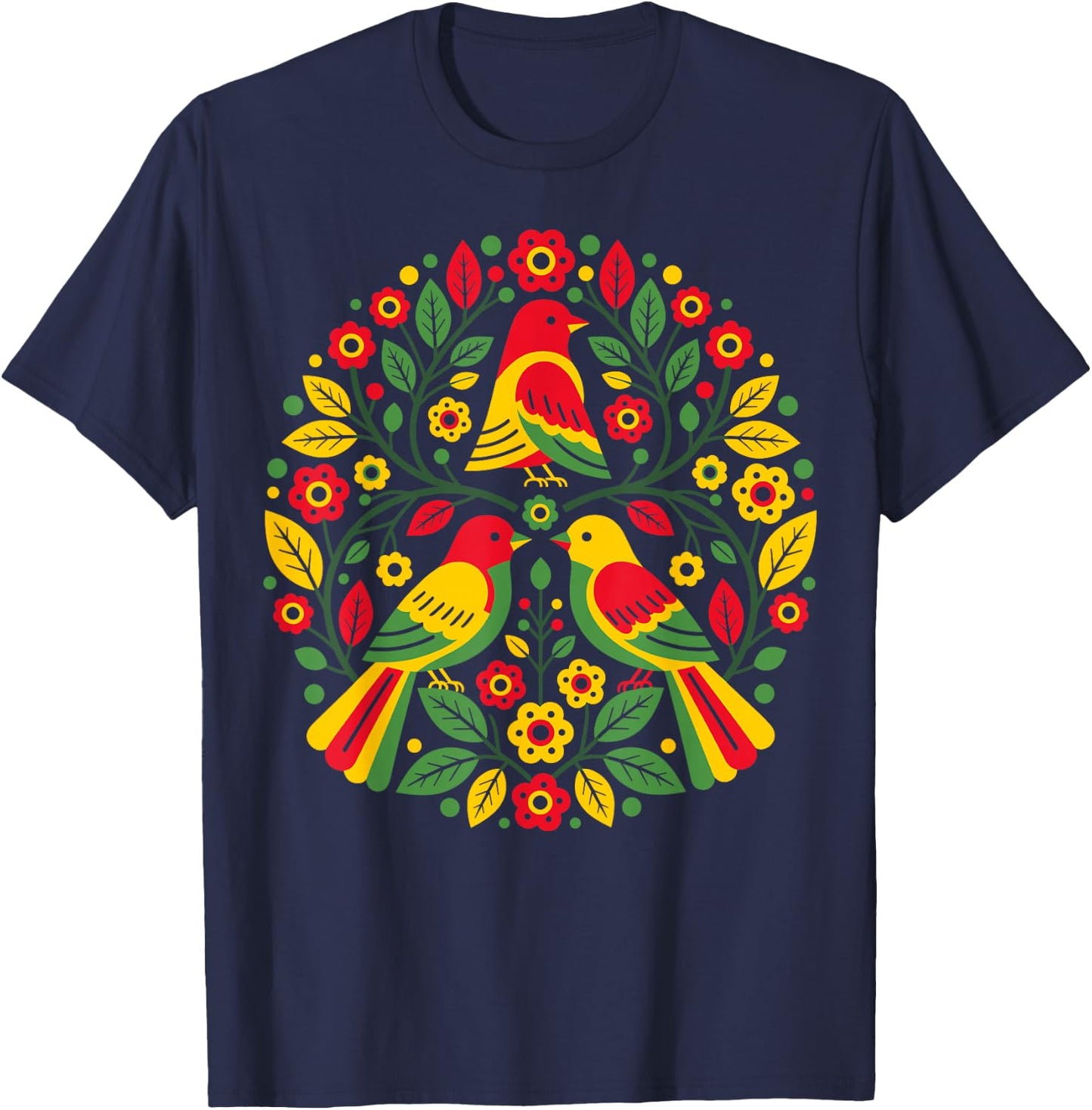 Rasta Reggae Roots Three Birds Jamaica Folk Art Floral T-Shirt - T-Shirt | Navy