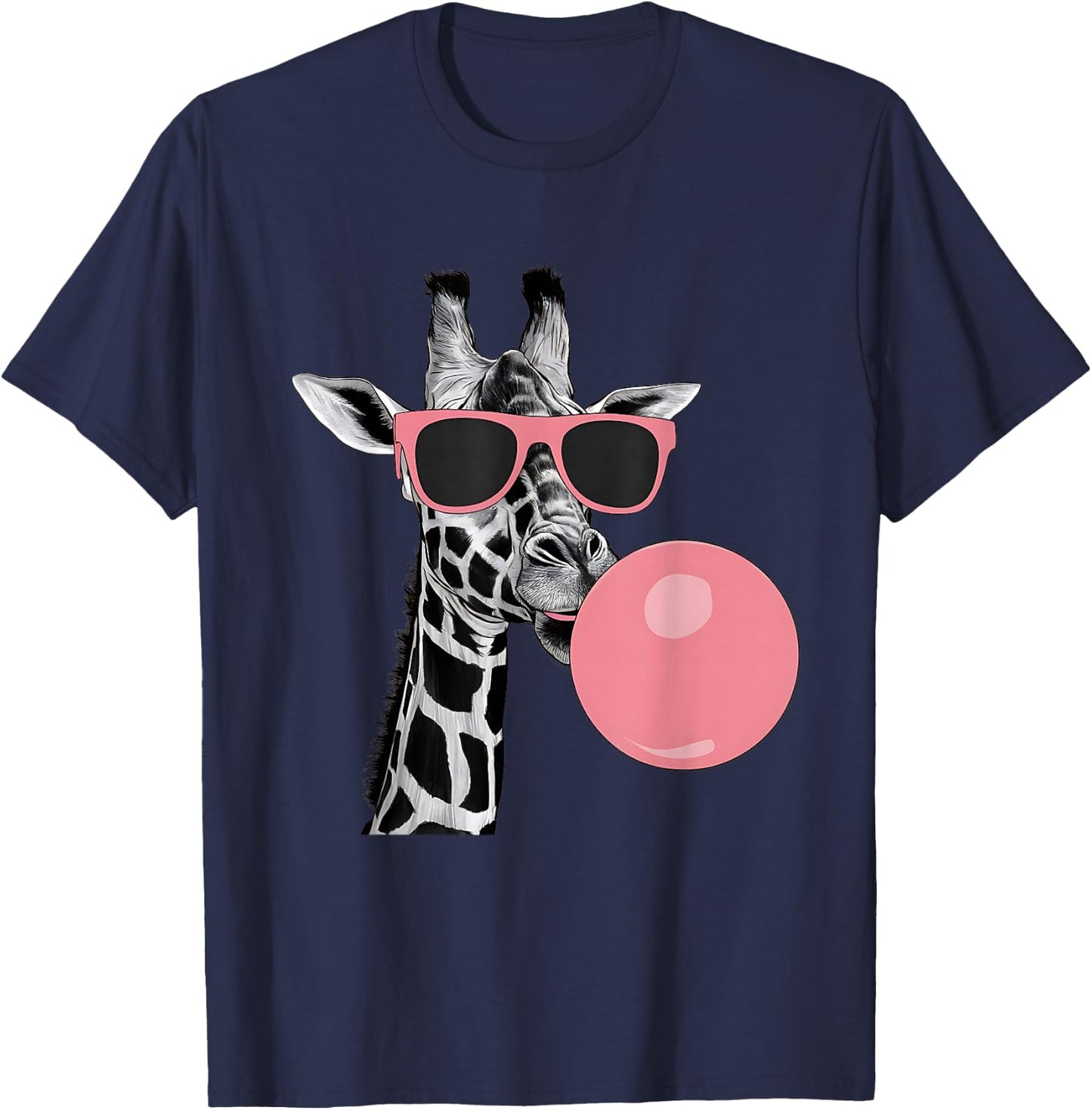 Funny Cool Giraffe Pink Bubble Gum and Pink Sunglasses Cute T-Shirt - T-Shirt | Navy